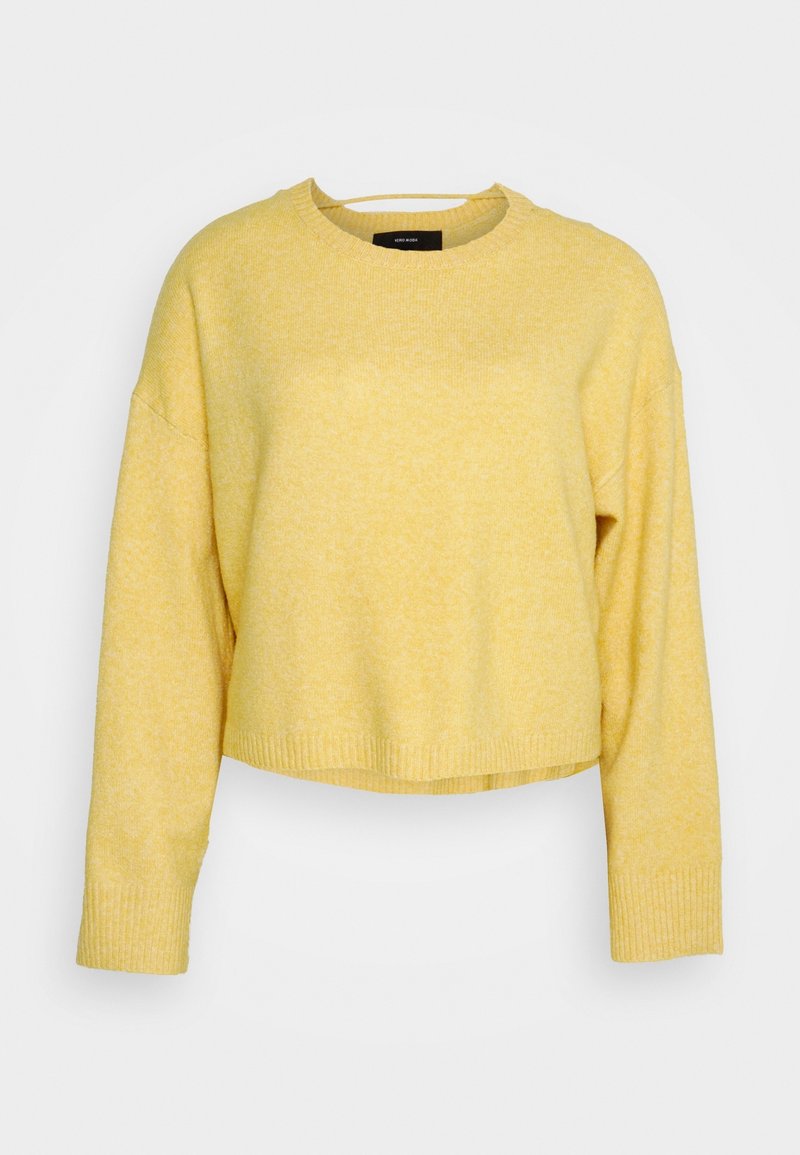 Pull jaune à manches longues en tricot avec col rond et poignets et ourlet côtelés, présenté sur un fond uni clair.