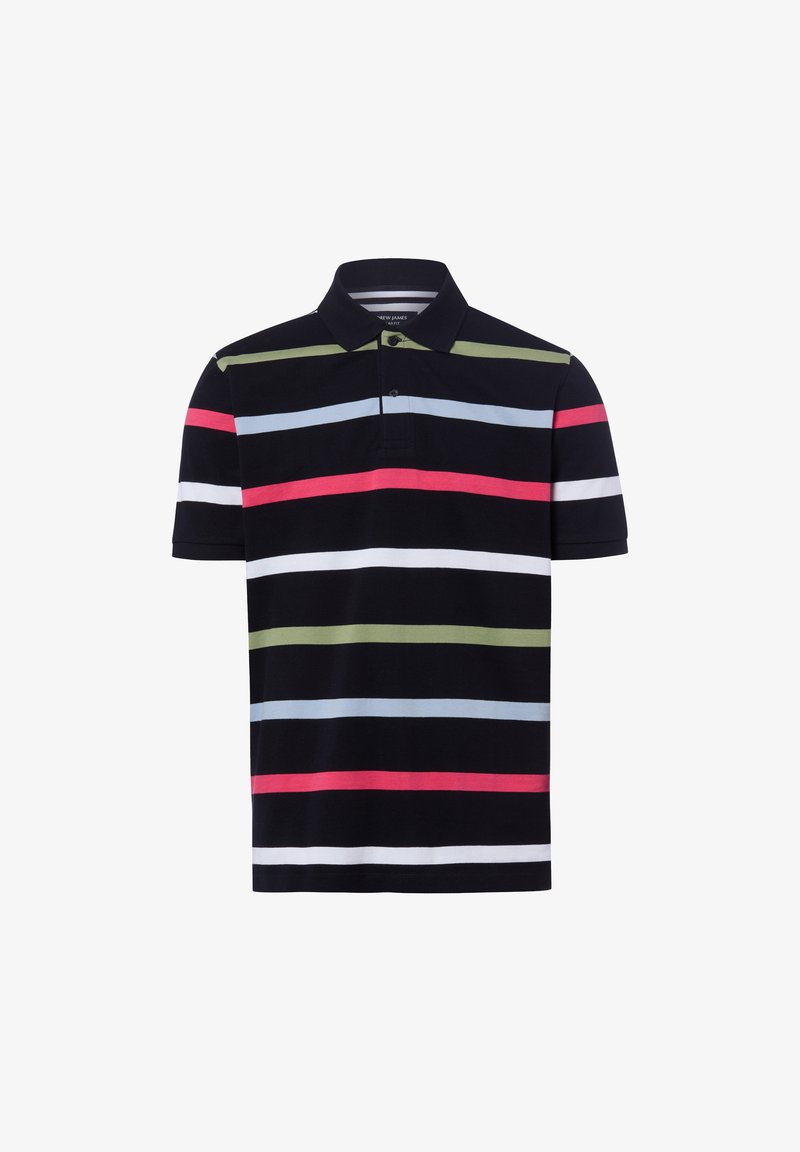 Czarna koszulka polo z krótkim rękawem z poziomymi paskami w kolorach czerwonym, jasnoniebieskim, białym i oliwkowozielonym, z kołnierzykiem zapinanym na dwa guziki.