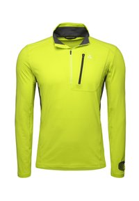 Maglietta leggera a maniche lunghe verde lime con colletto a zip a metà, dettagli grigi e tasca sul petto con zip. Tessuto liscio, design sportivo.