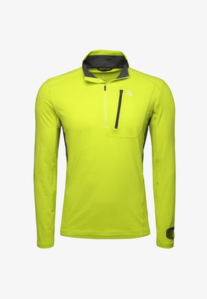 Limegrünes, leichtes Langarmshirt mit halbem Reißverschlusskragen, grauen Akzenten und einer Reißverschlusstasche auf der Brust. Glatte Textur, sportliches Design.