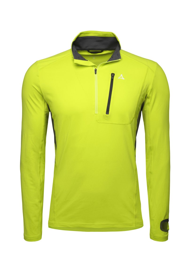 Maglietta leggera a maniche lunghe verde lime con colletto a zip a metà, dettagli grigi e tasca sul petto con zip. Tessuto liscio, design sportivo.