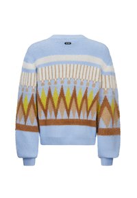 Maglione blu lavorato a maglia con motivi geometrici in crema, marrone e giallo; presenta un collo rotondo e polsini e orlo a costine.