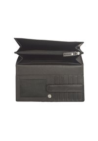 Portafoglio in pelle nera con più scomparti per carte, una tasca con zip e una finestra per l'ID in rete, caratterizzato da una texture liscia e un design minimalista.