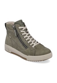 Baskets montantes vertes en daim avec une semelle en caoutchouc blanche, fermeture éclair sur le côté et lacets beiges. Tige texturée avec de subtils détails de couture.