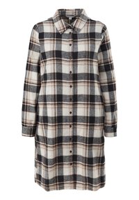 Abito camicia in flanella a quadri con una combinazione di colori nero, bianco e marrone, chiusura con bottoni sul davanti, colletto e maniche lunghe. Texture morbida.