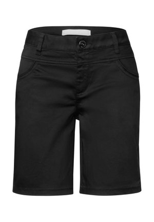 Černé šortky vyrobené z hladké tkaniny, s přiléhavým pasem, předními kapsami a jedním knoflíkem na zapínání. Čisté linie a žádné viditelné vzory.