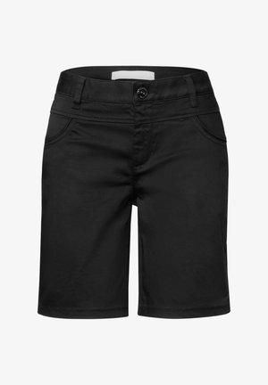 Pantaloni shorts neri realizzati in tessuto liscio, con vita aderente, tasche frontali e chiusura con un solo bottone. Linee pulite e nessun motivo visibile.