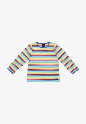 Wielokolorowa koszula z długim rękawem w poziome paski w kolorach żółtym, niebieskim, czerwonym i zielonym. Okrągły dekolt z zapięciem na snap.