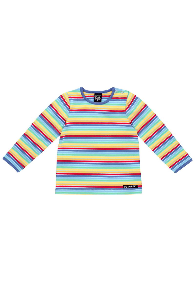 Camicia a maniche lunghe multicolore con strisce orizzontali gialle, blu, rosse e verdi. Collo rotondo con chiusura a scatto.