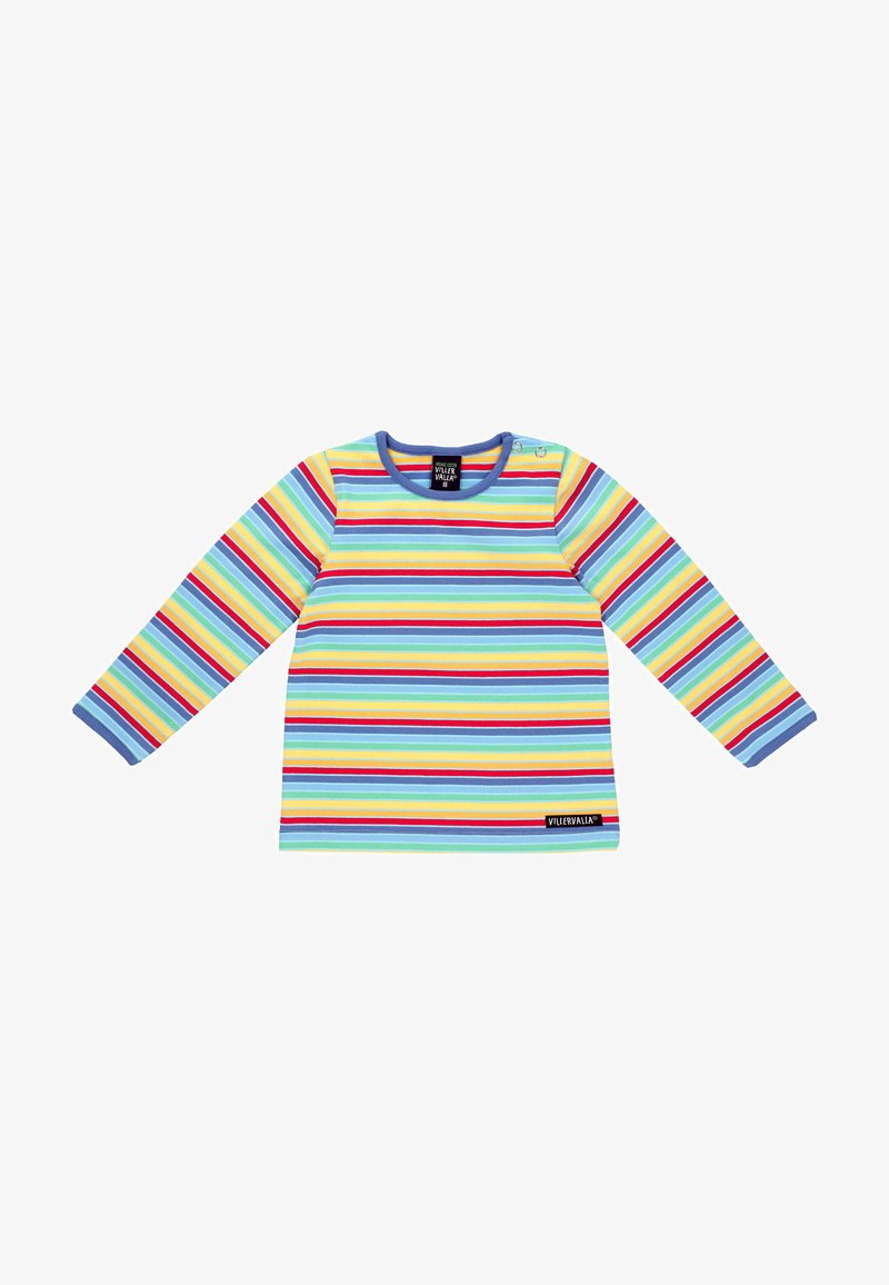 Camicia a maniche lunghe multicolore con strisce orizzontali gialle, blu, rosse e verdi. Collo rotondo con chiusura a scatto.