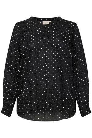 Pikend käistega must särk valgete ringide mustriga, millel on lohkkaelus ja nööbipaneel, valmistatud pehmest ja kergest kangast.