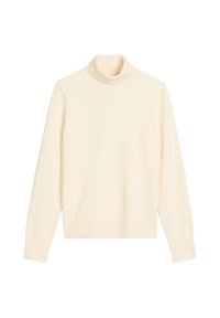 Cremfarbener Rollkragenpullover mit langen Ärmeln, aus weichem Stoff gefertigt, mit tailliertem Design, geripptem Kragen und Bündchen.