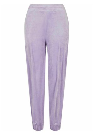 Lavendel velourbukser med elastisk talje, smalnende ben og elastiske mansjetter. Myk tekstur, glatt overflate og subtil glans.