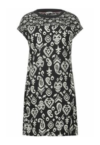 Schwarzes Kleid mit einem weißen Paisley-Muster, kurzen Ärmeln und rundem Ausschnitt. Hergestellt aus einem leichten, glatten Stoff.