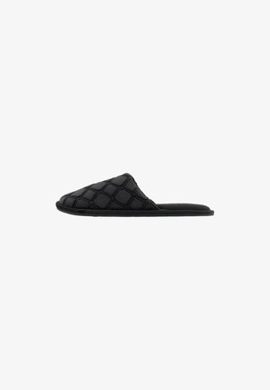 Pantofole scivolate nere imbottite con texture morbida, punta arrotondata e suola piatta. Presentano un motivo a forma di diamante e nessuna ferramenta visibile.