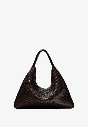 Woven dark brown handbag with a triangular shape, featuring a single curved handle and an open, spacious interior.