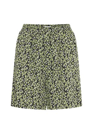 Czarne szorty z kwiatowym wzorem, z zielonymi liśćmi i małymi białymi kwiatkami. Elastyczny pas, luźny krój, lekki materiał.