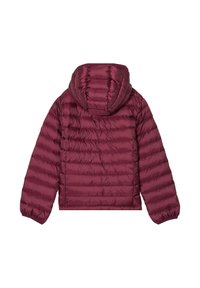 Giacca puffo bordeaux con cappuccio, caratterizzata da un design a righe orizzontali, polsini elastici e una lunghezza corta. Tessuto liscio e lucido.