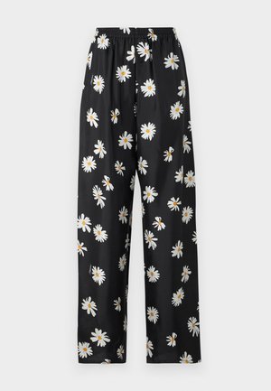 Pantalones de pijama negros en tela ligera con cintura elástica, que presentan un patrón de margaritas blancas con centros naranjas en toda su superficie.