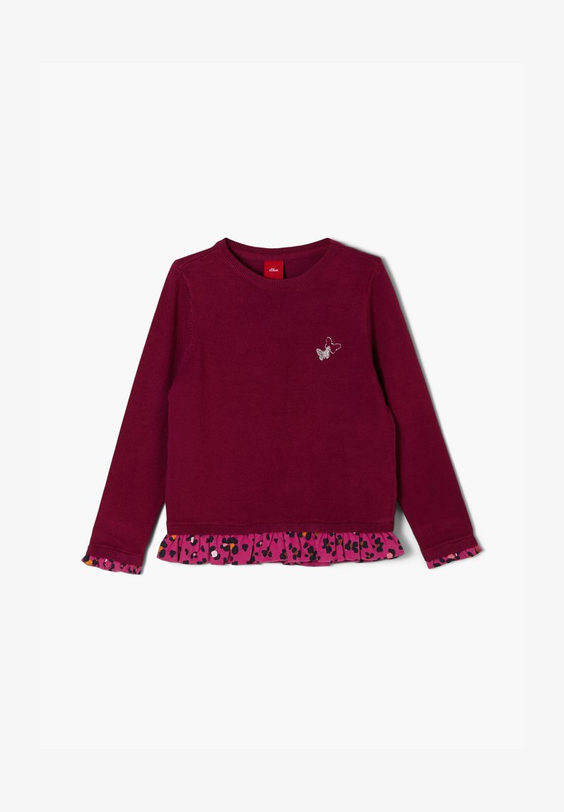 Pull à manches longues rouge foncé avec un petit papillon argenté sur la poitrine et un volant rose à pois noirs et orange au niveau de l'ourlet et des poignets.