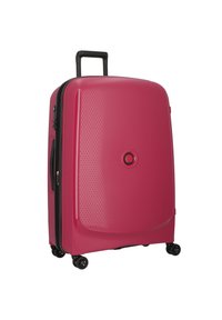 Valigia rigida rosa con superficie testurizzata, manico retrattile, zip nera e quattro ruote nere per la mobilità.