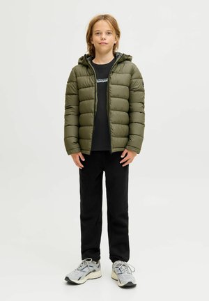 Padded, olive green jacket with a hood, featuring a zip closure and horizontal stitching; worn over a black shirt and black pants.