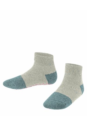Chaussettes gris clair avec talons et pointes bleus, dotées d'un revers côtelé et de taches colorées sur toute leur surface. Semelle texturée pour une meilleure adhérence.