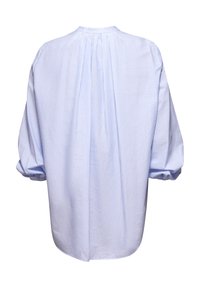 Light blue and white striped long-sleeve shirt with a round neckline, gathered back, and balloon sleeves, made of soft cotton fabric.