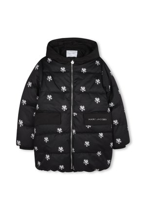 Schwarze Daunenjacke mit silberner Blumenstickerei, Reißverschluss, Kapuze und zwei Fronttaschen. Marc Jacobs-Logo auf der Tasche.