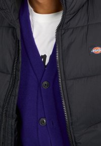 Svart pufferväst, lagd över en blå cardigan. Cardiganen har V-hals och knappar, med en vit t-shirt delvis synlig under.