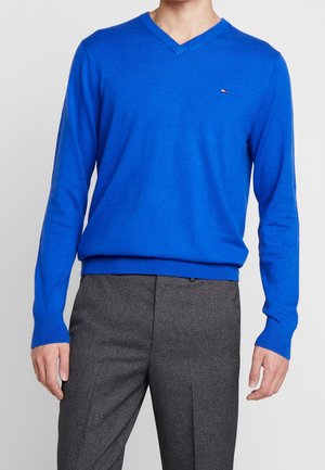 Mand iført en lys blå V-hals sweater med lille logo på brystet og grå skræddersyede bukser, stående mod en ensfarvet baggrund.