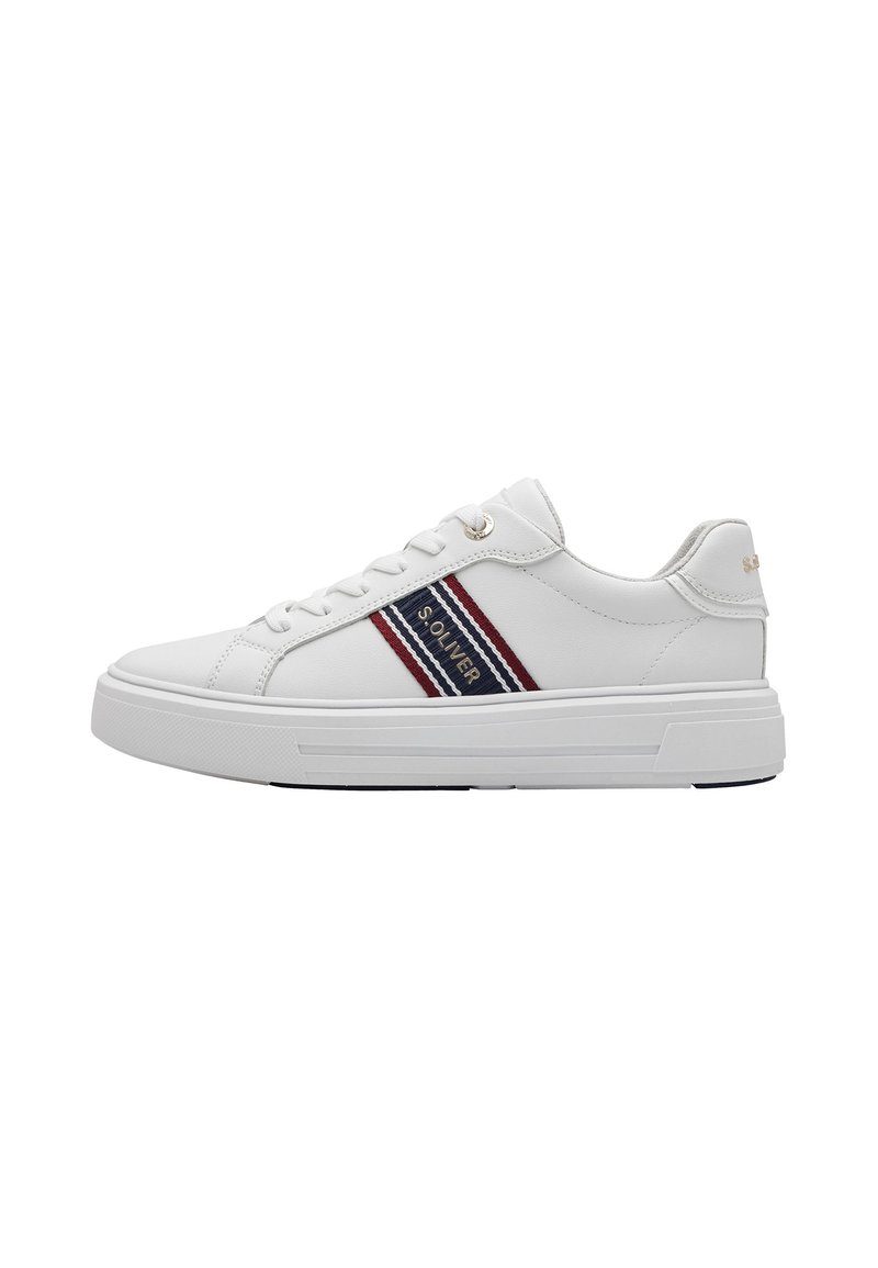 Sneakers bianchi con finitura in pelle liscia, caratterizzati da strisce rosse e blu navy sui lati e una suola spessa bianca. Emblema sul tallone.