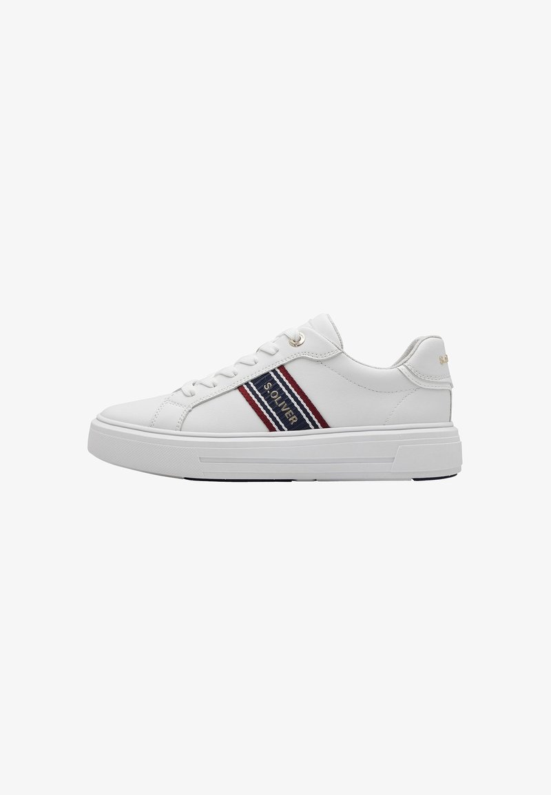 White sneakers with a smooth leather finish, featuring red and navy stripes on the side and a thick white sole. Emblem on the heel.