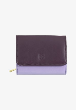 Portafoglio in pelle di un viola scuro con una texture liscia, dotato di chiusura a pattina e una base color lavanda. Dettaglio dorato sulla zip.
