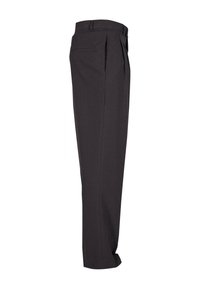 Pantalones de color gris oscuro con un corte relajado, que presentan pliegues en la parte delantera, trabillas para el cinturón y bolsillos laterales. Textura de tela suave y tejida.