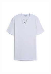 T-shirt bianco a maniche corte con scollatura henley caratterizzata da due bottoni marroni. Tessuto liscio, vestibilità casual e design con orlo dritto.
