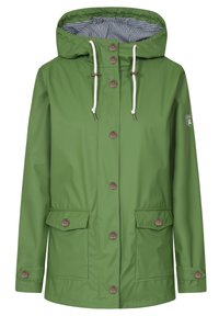 Veste imperméable verte à capuche avec cordons blancs, doublure intérieure rayée de la capuche, boutons-pression à l'avant avec motif ancre, et poches à rabat.