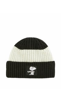 Gehaakte muts in zwart-witte strepen met een geribbelde textuur. Voorzien van een klein Snoopy-patch op de omgeslagen rand.