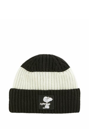 Gehaakte muts in zwart-witte strepen met een geribbelde textuur. Voorzien van een klein Snoopy-patch op de omgeslagen rand.