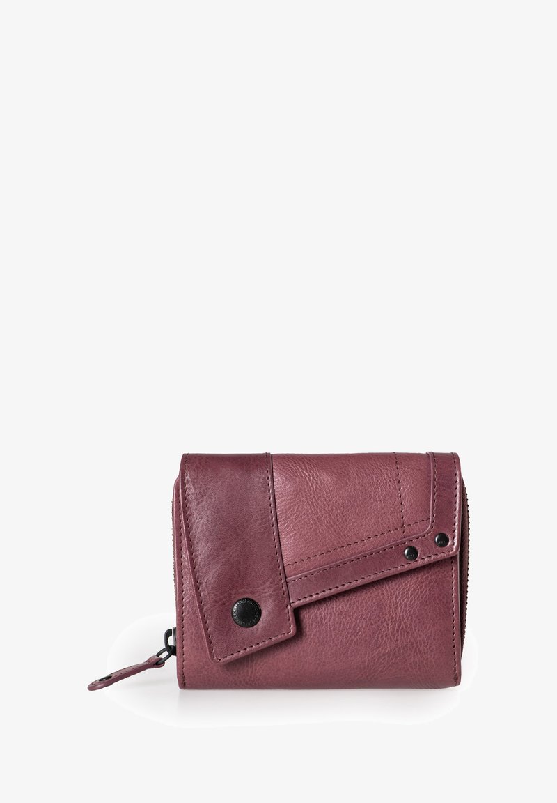 Burgundy leather wallet with a textured surface, triangular flap, black button hardware, and a zip closure on one side. Compact and structured design.