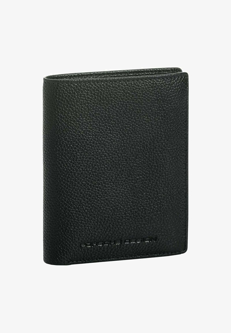 Zwarte leren portemonnee met een gestructureerde afwerking, bi-vouw ontwerp, ronde hoeken en een subtiele logo-opdruk op de voorkant.