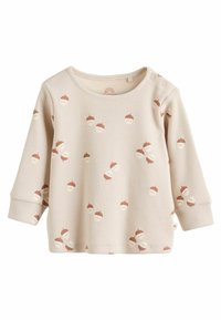 Beige Langarmoberteil mit gerippter Struktur, das kleine braune Eichelmuster aufweist. Enthält Schulterknöpfe für ein einfacheres Ankleiden.