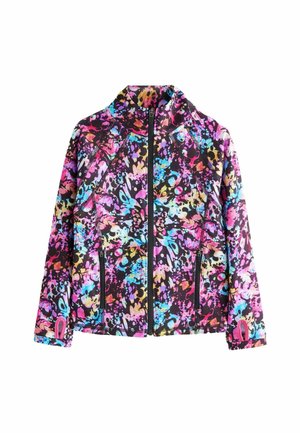 Giacca multicolore con un motivo floreale con accenti rosa, blu e neri; chiusura con zip e due tasche laterali.