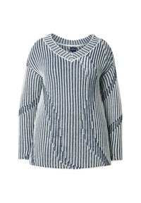 Maglione a righe bianco e blu navy con scollatura a V, maniche lunghe e tessuto testurizzato. Distintivo motivo diagonale che attraversa il corpo.