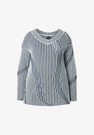 Marineblau-weiß gestreifter Strickpullover mit V-Ausschnitt, langen Ärmeln und strukturiertem Stoff. Auffälliges diagonales Muster über dem Körper.