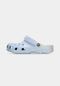 Blue and pink marbled clog with ventilation holes, back strap, and textured surface. Made from lightweight, durable material.
