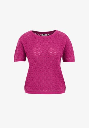 Fuksijos spalvos trumpomis rankovėmis megztas puloveris su tekstūriniu deimanto raštu ir apvaliu iškirpimu. Rankovėse ir apačioje yra smulkūs raukiniai.