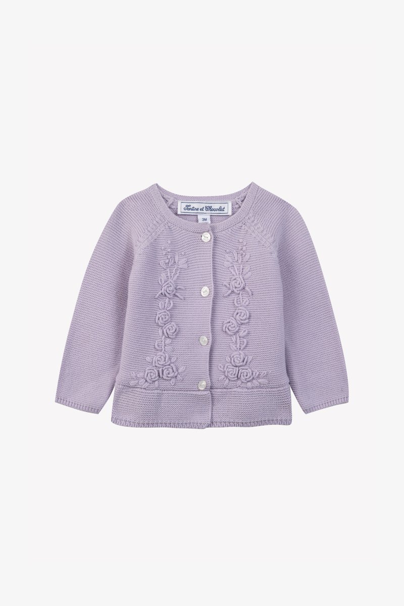 Lilac knitted cardigan with long sleeves, button closure, and flower embroidery along the front. Soft texture and classic round neckline.