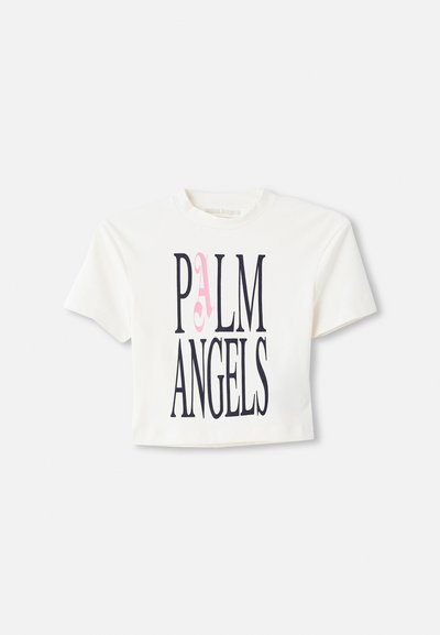 Κοντομάνικο λευκό μπλουζάκι από βαμβάκι με έντονα σκούρα γράμματα και ροζ πινελιά στη λέξη "PALM."