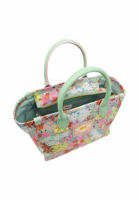 Borsa a tracolla floreale con un motivo multicolore, manici e dettagli verde menta, e una tasca con zip interna, realizzata in tessuto testurizzato.